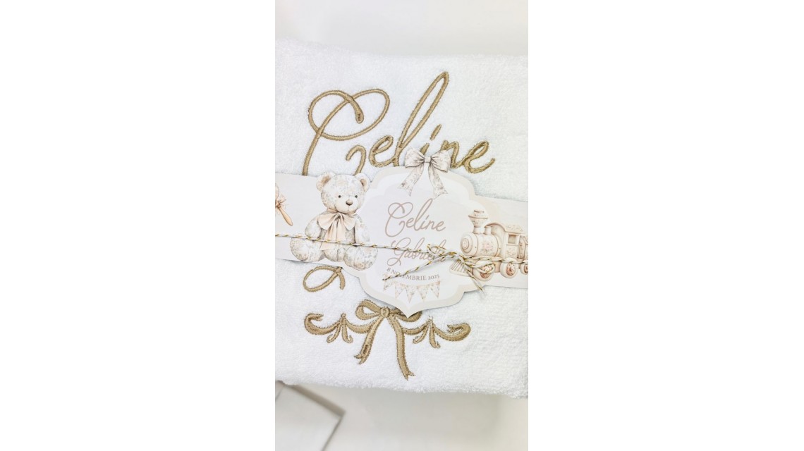 Trusou botez Nude Teddy Bear Toile de Jouy bej crem cu accente light pink și pattern floral vintage 21